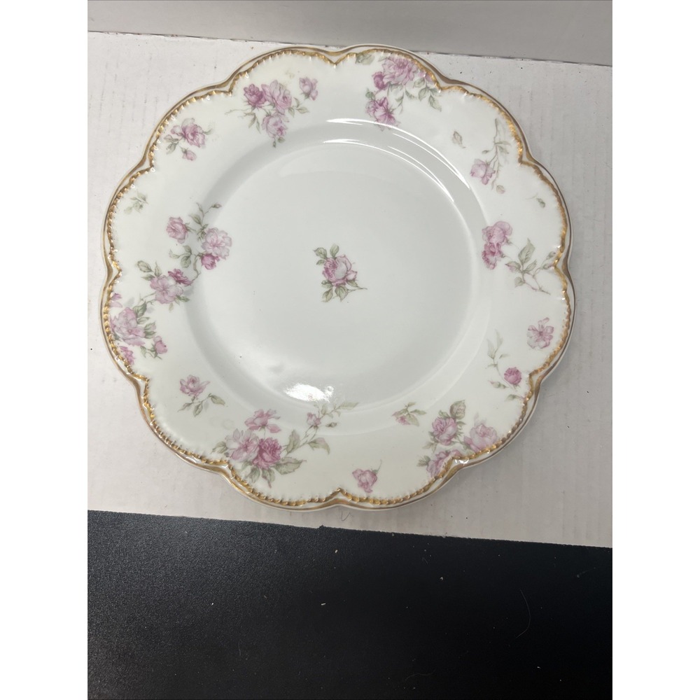 2 Vintage Haviland Limoges Schleiger 39E Plates Pink Roses Scalloped Gold Trim